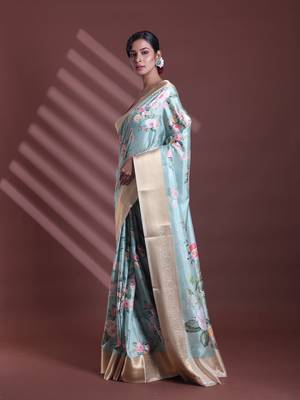 Mint green floral print silk soft saree with zari border 2
