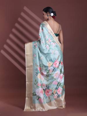 Mint green floral print silk soft saree with zari border 3