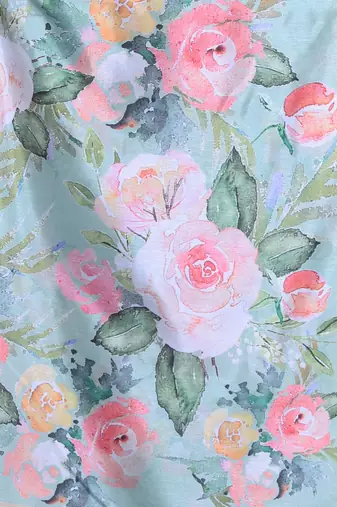 Mint green floral print silk soft saree with zari border