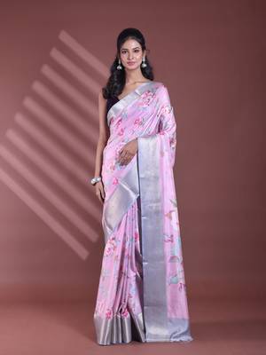 Pink floral print silk soft saree with zari border 1