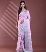Pink floral print silk soft saree with zari border