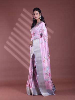 Pink floral print silk soft saree with zari border 2