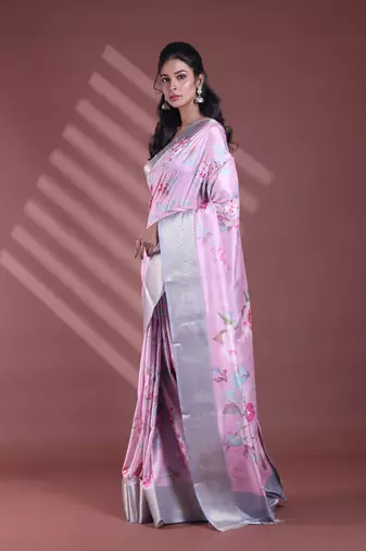 Pink floral print silk soft saree with zari border