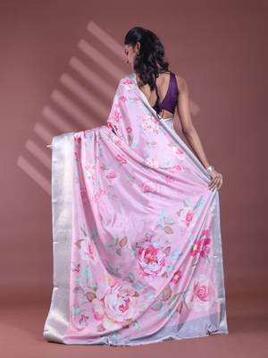 Pink floral print silk soft saree with zari border 3