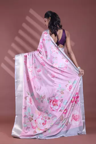 Pink floral print silk soft saree with zari border