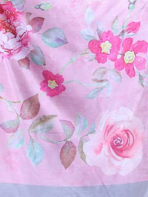 Pink floral print silk soft saree with zari border 4