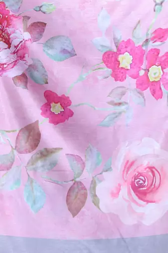 Pink floral print silk soft saree with zari border