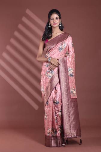 Peach floral print silk soft saree with zari border