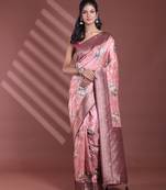 Peach floral print silk soft saree with zari border