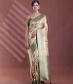 Yellow floral print silk soft saree with zari border