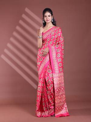 Pink silk soft saree with texture print 1