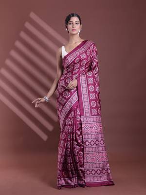 Burgundy silk soft saree with texture print 1