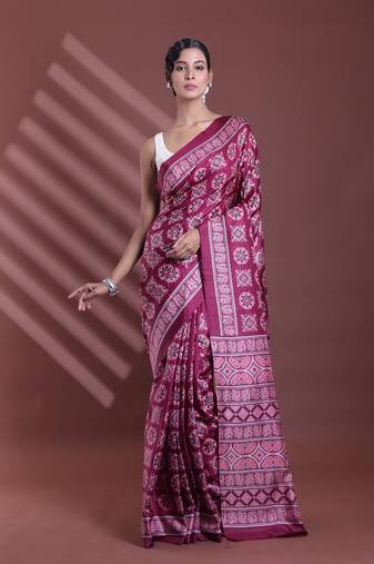 Burgundy silk soft saree with texture print