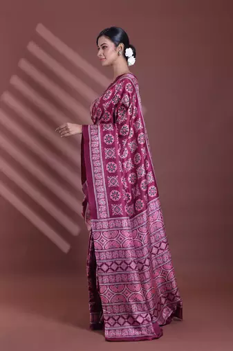 Burgundy silk soft saree with texture print