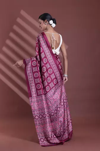 Burgundy silk soft saree with texture print