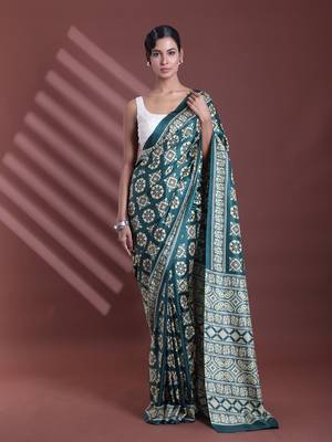 Green silk soft saree with texture print 1