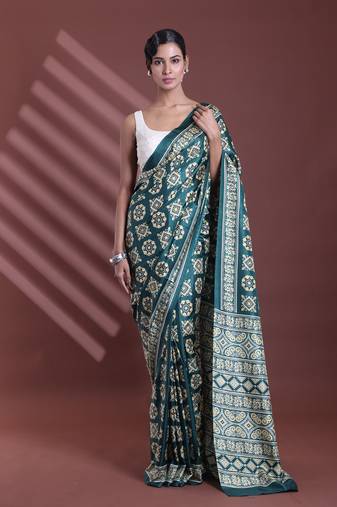 Green silk soft saree with texture print