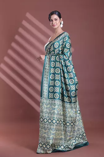 Green silk soft saree with texture print