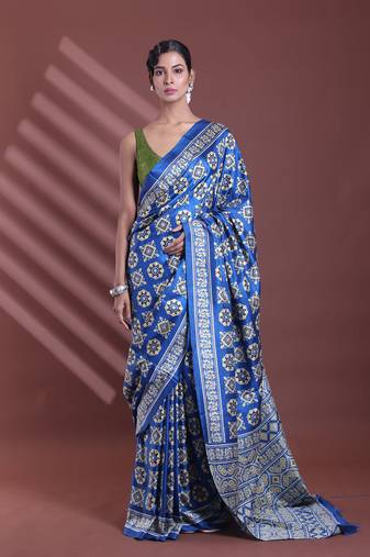 Blue silk soft saree with texture print