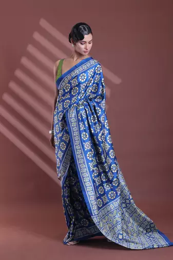 Blue silk soft saree with texture print
