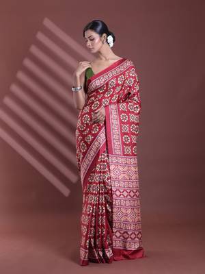 Dark red silk soft saree with texture print 1
