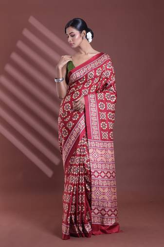 Dark red silk soft saree with texture print