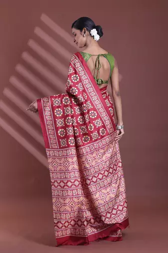 Dark red silk soft saree with texture print