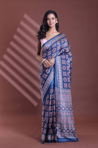 Dark blue silk soft saree with texture print
