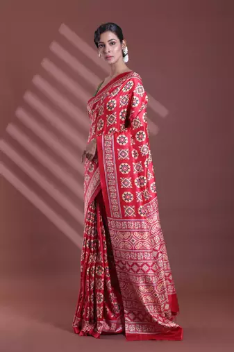 Red silk soft saree with texture print