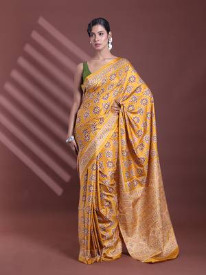 Mustard silk soft saree with texture print 1