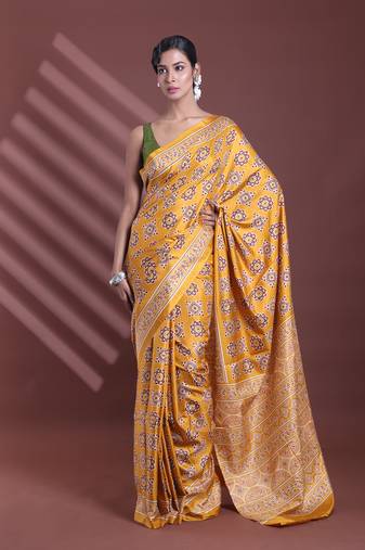 Mustard silk soft saree with texture print