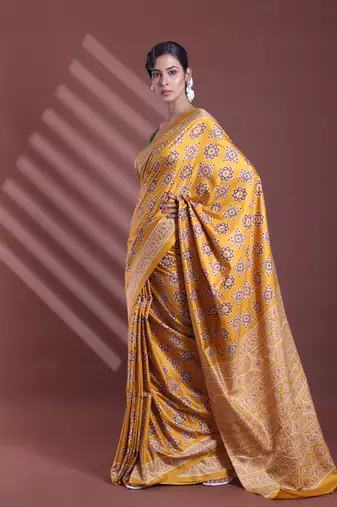 Mustard silk soft saree with texture print