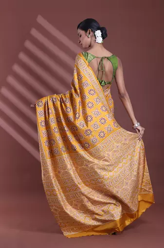 Mustard silk soft saree with texture print