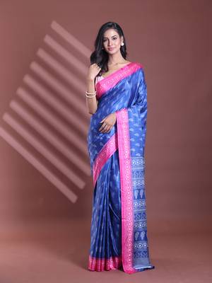 Blue silk soft saree with paisley print 1