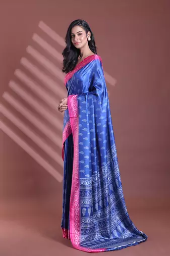 Blue silk soft saree with paisley print
