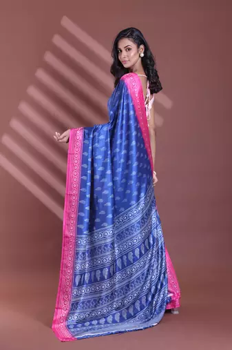 Blue silk soft saree with paisley print