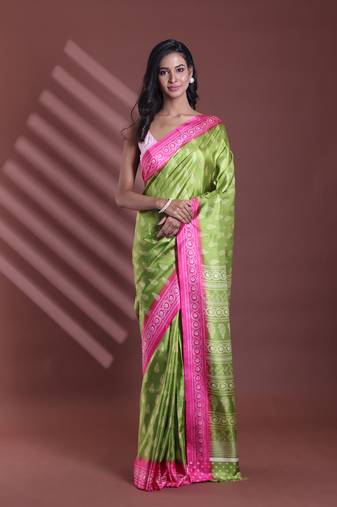 Green silk soft saree with paisley print