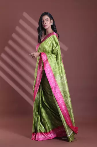 Green silk soft saree with paisley print