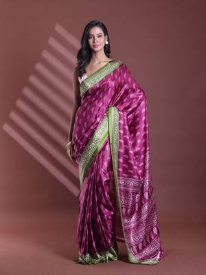 Burgundy silk soft saree with paisley print 1