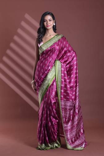 Burgundy silk soft saree with paisley print