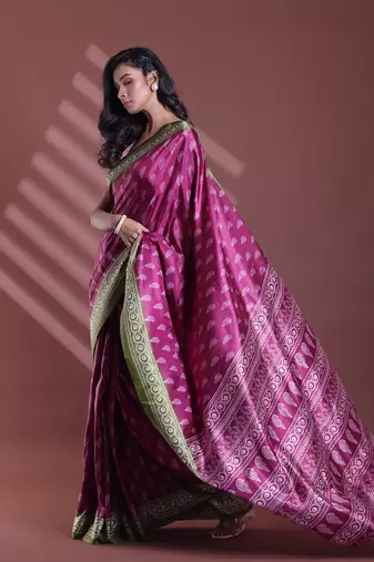 Burgundy silk soft saree with paisley print