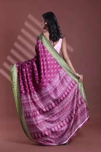 Burgundy silk soft saree with paisley print