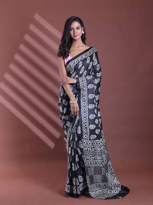 Black silk soft saree with paisley print 1
