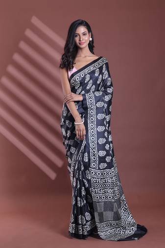 Black silk soft saree with paisley print