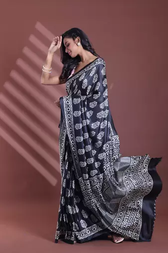 Black silk soft saree with paisley print