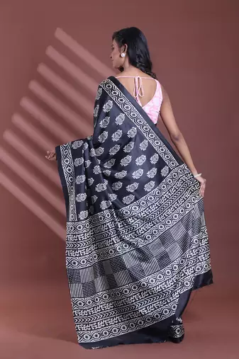 Black silk soft saree with paisley print