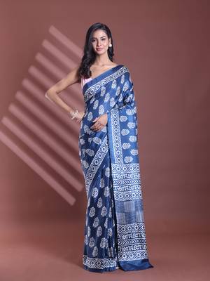 Blue silk soft saree with paisley print 1