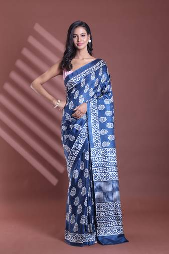 Blue silk soft saree with paisley print