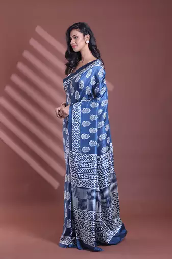 Blue silk soft saree with paisley print