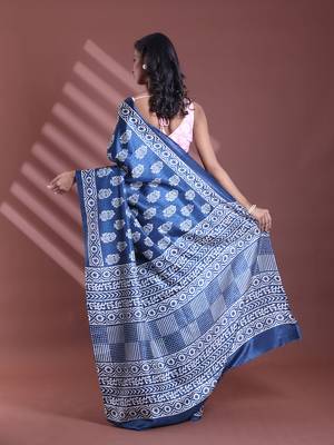 Blue silk soft saree with paisley print 3